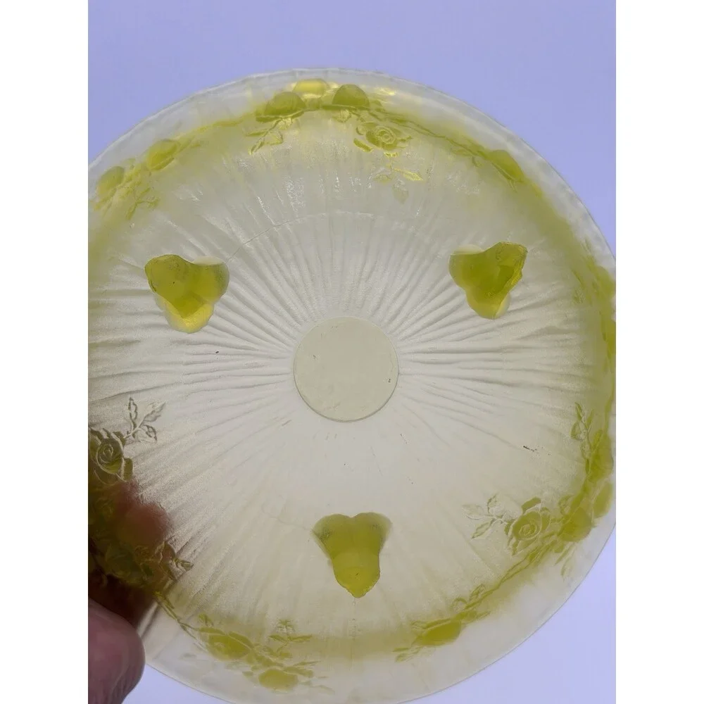 Tiffin Art Glass Vaseline Uranium Satin Roses Bowl 1920 MCM Round Green See Pics